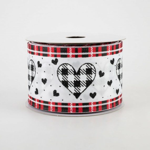 Fabric Ribbon |   2.5" Gingham Hearts Plaid Edge Ribbon: Red & Black (10 Yards) Fabric Ribbon Fabric Ribbon