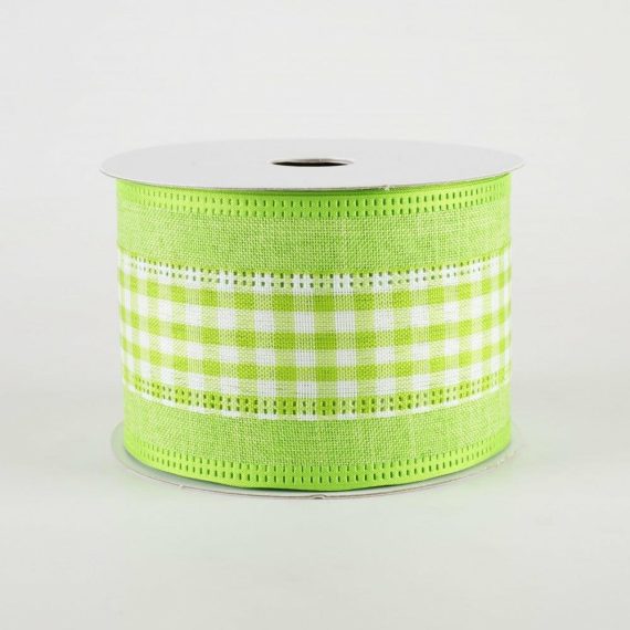 Fabric Ribbon |   2.5" Gingham & Linen Edge Ribbon: Lime Green & White (10 Yards) Fabric Ribbon Fabric Ribbon