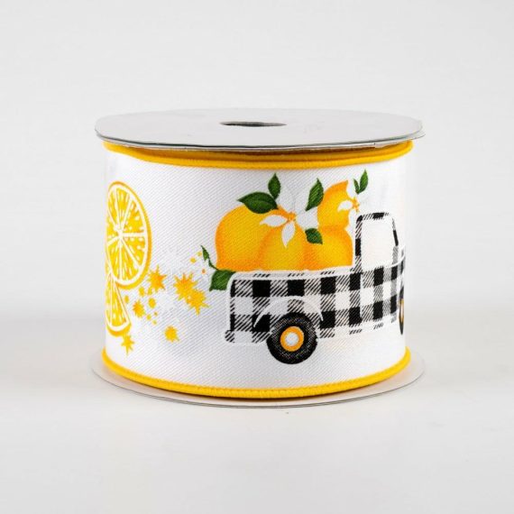 Fabric Ribbon |   2.5" Gingham Truck With Lemons Ribbon: White (10 Yards) Fabric Ribbon Fabric Ribbon