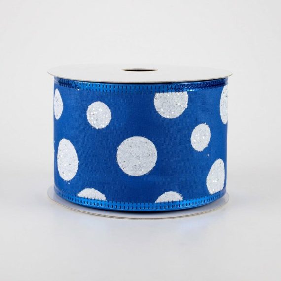 Fabric Ribbon |   2.5" Glitter Big White Dots Ribbon: Royal Blue (10 Yards) Fabric Ribbon Blue,White