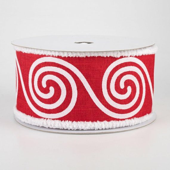 Fabric Ribbon |   2.5" Glitter Large Swirl Fuzzy Edge Ribbon: Red & White (10 Yards) Fabric Ribbon Fabric Ribbon