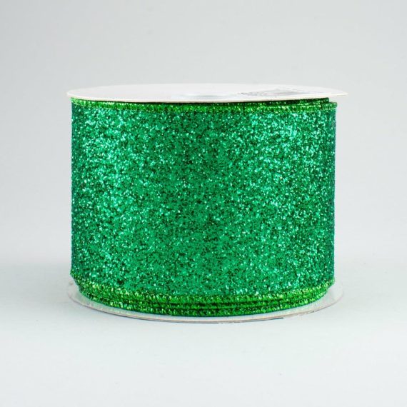 Fabric Ribbon |   2.5" Glitter On Metallic Ribbon: Emerald (10 Yards) Fabric Ribbon Emerald Green