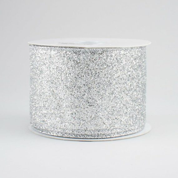 Fabric Ribbon |   2.5" Glitter On Metallic Ribbon: Silver (10 Yards) Fabric Ribbon Fabric Ribbon