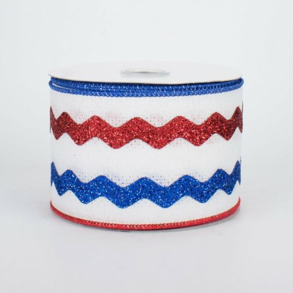 Fabric Ribbon |   2.5" Glitter Ric Rac Ribbon: White, Red, Blue (10 Yards) Fabric Ribbon Fabric Ribbon