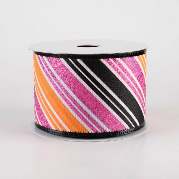 Fabric Ribbon |   2.5" Glittered Diagonal Stripes Ribbon: Fuchsia Pink, Orange & Black (10 Yards) Fabric Ribbon Fabric Ribbon