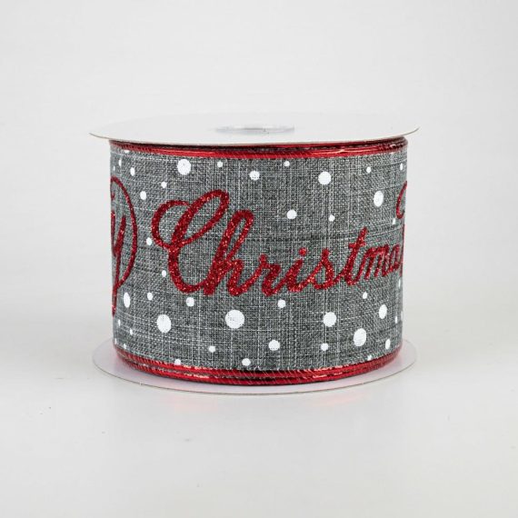 Fabric Ribbon |   2.5" Glittered Merry Christmas Ribbon: Grey, Red, White (10 Yards) Fabric Ribbon Fabric Ribbon