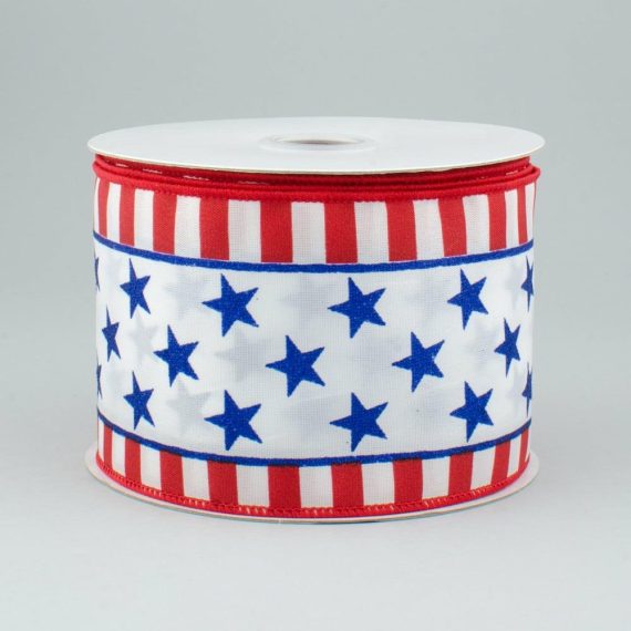 Fabric Ribbon |   2.5" Glittered Stars & Stripes Satin Ribbon: White, Red, Blue (10 Yards) Fabric Ribbon Fabric Ribbon