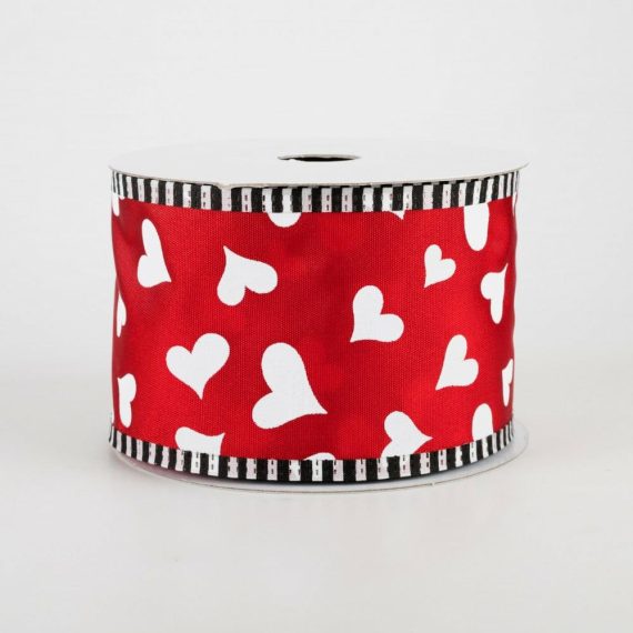 Fabric Ribbon |   2.5" Heart With Black & White Edge Ribbon: Red (10 Yards) Fabric Ribbon Fabric Ribbon