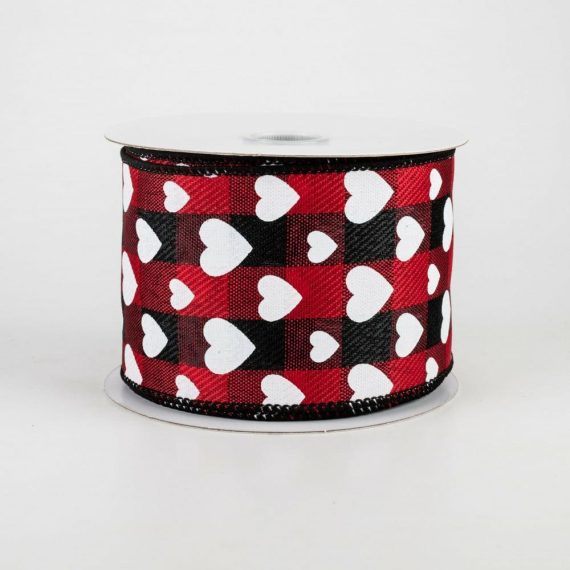 Fabric Ribbon |   2.5" Hearts On Buffalo Plaid Ribbon: Black, Red, White (10 Yards) Fabric Ribbon Black,White,Red