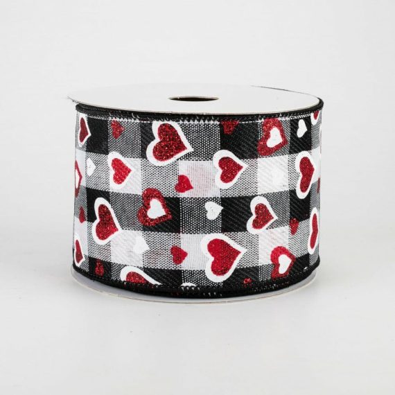 Fabric Ribbon |   2.5" Hearts On Buffalo Plaid Ribbon: Black, White, Red (10 Yards) Fabric Ribbon Black,White,Red