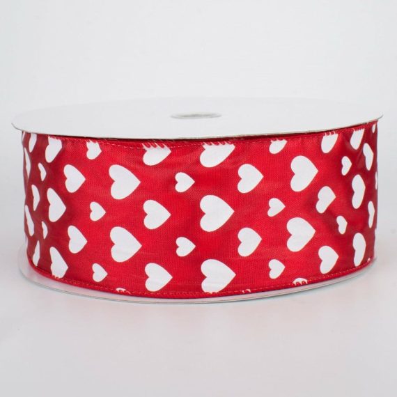 Fabric Ribbon |   2.5" Hearts Ribbon: White On Red Satin (50 Yards) Fabric Ribbon Fabric Ribbon