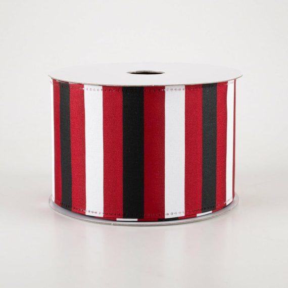 Fabric Ribbon |   2.5" Horizontal Stripes Satin Ribbon: Black & White On Red (10 Yards) Fabric Ribbon Fabric Ribbon