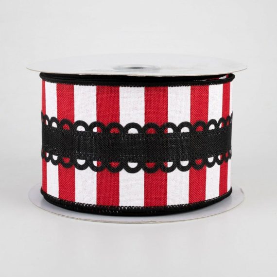 Fabric Ribbon |   2.5" Lace On Horizontal Stripe Ribbon: Black, Red, White (10 Yards) Fabric Ribbon Black,White,Red