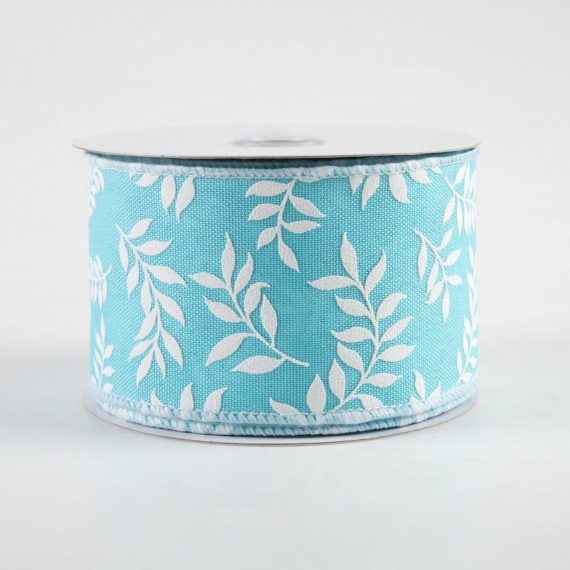 Fabric Ribbon |   2.5" Laurel Leaf Ribbon: Light Blue (10 Yards) Fabric Ribbon Blue,White,Turquoise