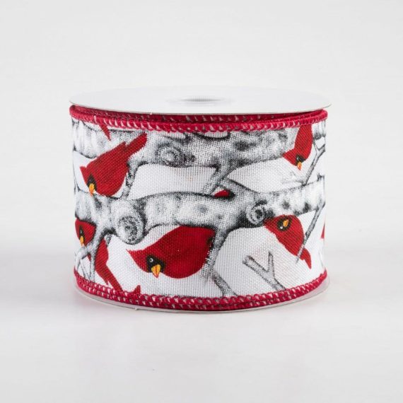 Fabric Ribbon |   2.5" Linen Cardinal On Birch Ribbon: White (10 Yards) Fabric Ribbon Fabric Ribbon