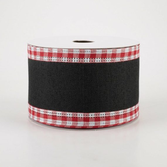 Fabric Ribbon |   2.5" Linen Center & Gingham Edge Ribbon: Black On Red & White (10 Yards) Fabric Ribbon Fabric Ribbon