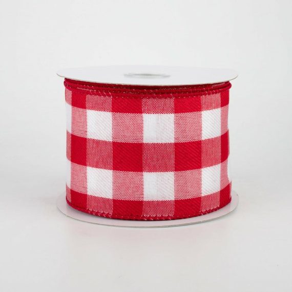 Fabric Ribbon |   2.5" Linen Check Buffalo Plaid Ribbon: Red & White (10 Yards) Fabric Ribbon Fabric Ribbon