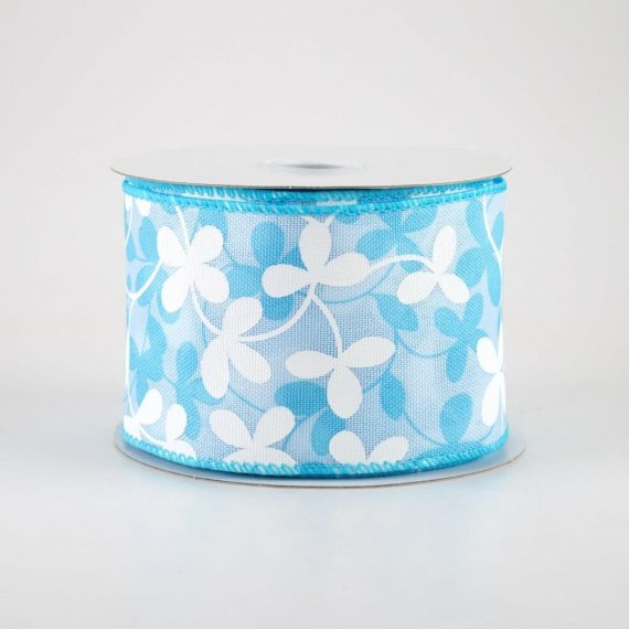 Fabric Ribbon |   2.5" Linen Clover Flowers Ribbon: Light Blue (10 Yards) Fabric Ribbon Blue,White,Turquoise