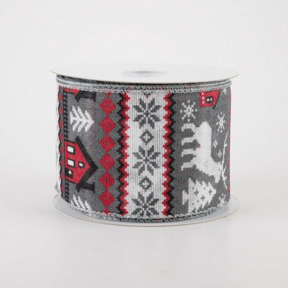 Fabric Ribbon |   2.5" Linen Cold Sweater Ribbon: Grey & Red (10 Yards) Fabric Ribbon Fabric Ribbon