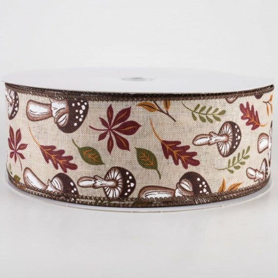 Fabric Ribbon |   2.5" Linen Earthy Fall Mushrooms Ribbon: Natural (50 Yards) Ribbon Beige,Brown,Olive Green,Burgundy Red,Dark Yellow