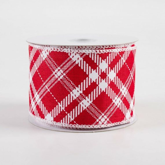 Fabric Ribbon |   2.5" Linen Hazel Diagonal Plaid Ribbon: Red (10 Yards) Fabric Ribbon Fabric Ribbon