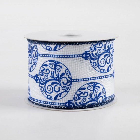 Fabric Ribbon |   2.5" Linen Porcelain Ornaments Ribbon: Blue & White (10 Yards) Fabric Ribbon Blue,White