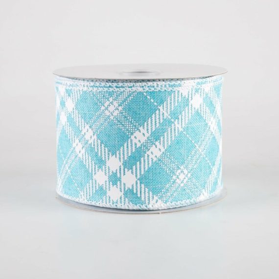 Fabric Ribbon |   2.5" Linen Sandra Diagonal Plaid Ribbon: Aqua Blue (10 Yards) Fabric Ribbon Aqua Blue