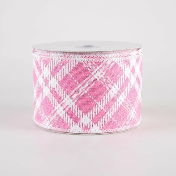 Fabric Ribbon |   2.5" Linen Sandra Diagonal Plaid Ribbon: Pink (10 Yards) Fabric Ribbon Fabric Ribbon