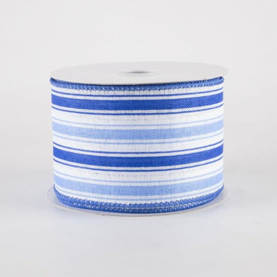 Fabric Ribbon |   2.5" Linen Ticking Stripes Ribbon: White, Periwinkle, Blue (10 Yards) Fabric Ribbon Blue,White