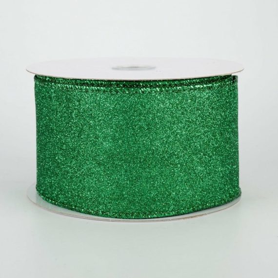 Fabric Ribbon |   2.5" Lustrous Glitter Ribbon: Emerald Green (10 Yards) Fabric Ribbon Emerald Green