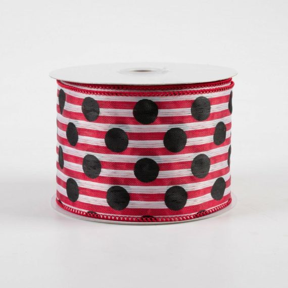 Fabric Ribbon |   2.5" Medium Polka Dots Woven Stripe Ribbon: Red, White, Black (10 Yards) Fabric Ribbon Black,White,Red