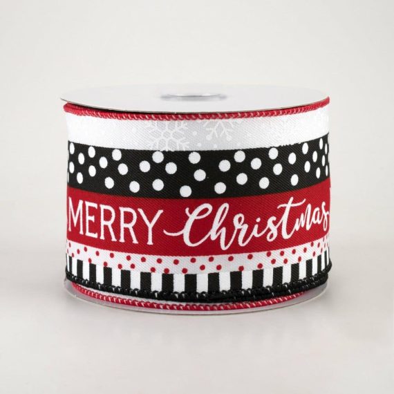 Fabric Ribbon |   2.5" Merry Christmas, Dots, Stripes Ribbon: Black, Red, White (10 Yards) Fabric Ribbon Fabric Ribbon