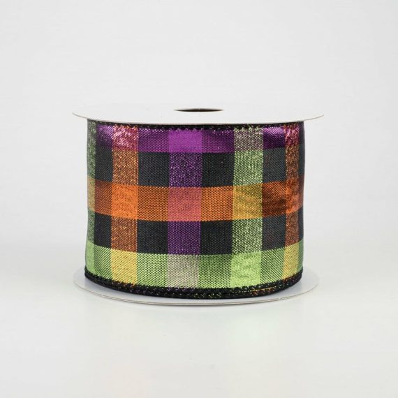 Fabric Ribbon |   2.5" Metallic Halloween Square Check Ribbon (10 Yards) Fabric Ribbon Black,Orange,Purple,Lime Green