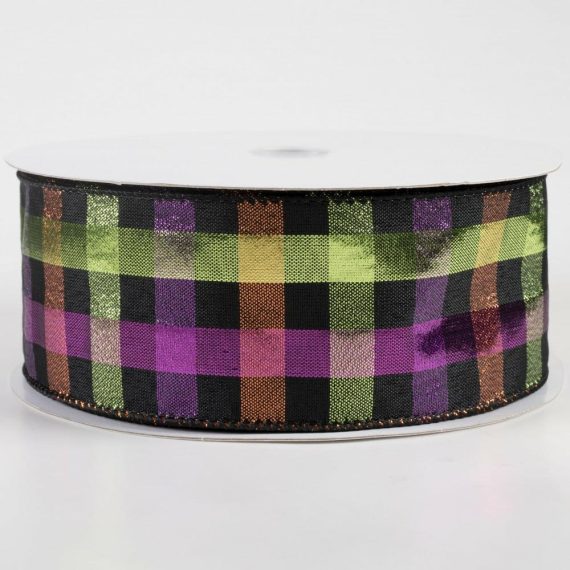 Fabric Ribbon |   2.5" Metallic Woven Square Checks Ribbon: Halloween (50 Yards) Fabric Ribbon Black,Green,Purple,Orange