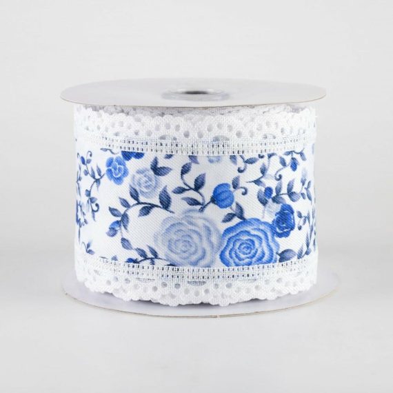 Fabric Ribbon |   2.5" Mini Roses & Lace Scalloped Edge Ribbon: Blues & White (10 Yards) Fabric Ribbon Blue,White