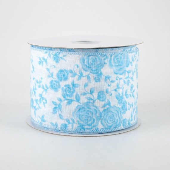 Fabric Ribbon |   2.5" Ombré Roses On White Linen Ribbon: Blue (10 Yards) Fabric Ribbon Blue,White