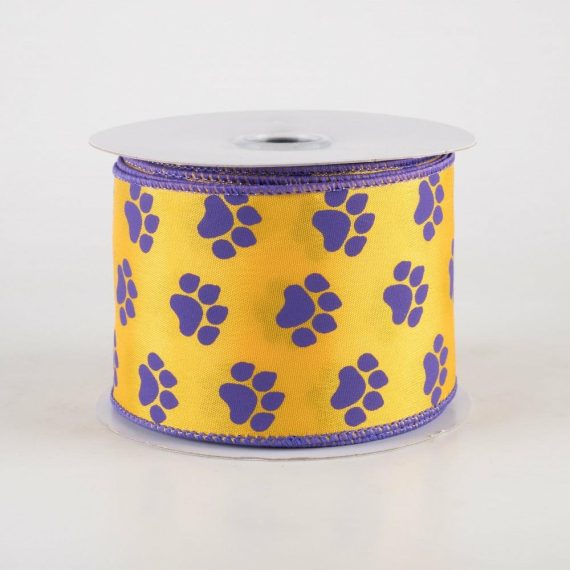 Fabric Ribbon |   2.5" Paw Prints Ribbon: Purple & Golden Yellow (10 Yards) Fabric Ribbon Fabric Ribbon