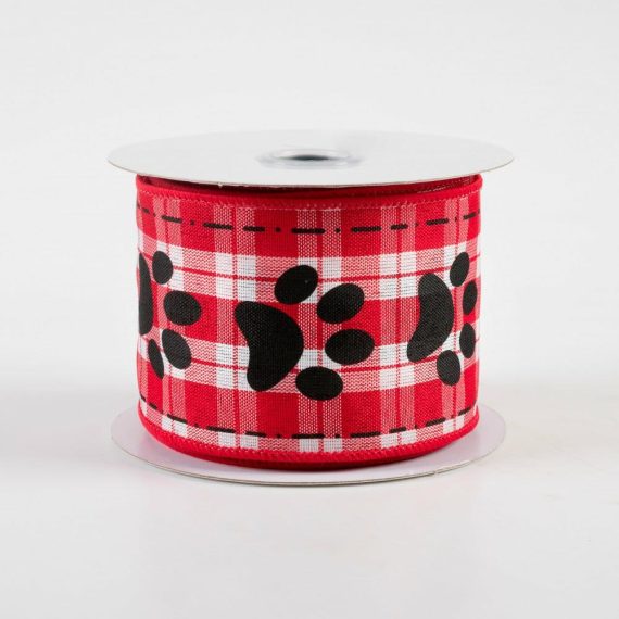 Fabric Ribbon |   2.5" Paw Prints Woven Plaid Ribbon: Red, White, Black (10 Yards) Fabric Ribbon Black,White,Red