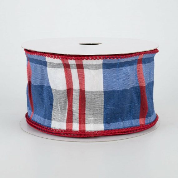 Fabric Ribbon |   2.5" Plaid Faux Dupioni Ribbon: Royal Blue, Red, White (10 Yards) Fabric Ribbon Fabric Ribbon