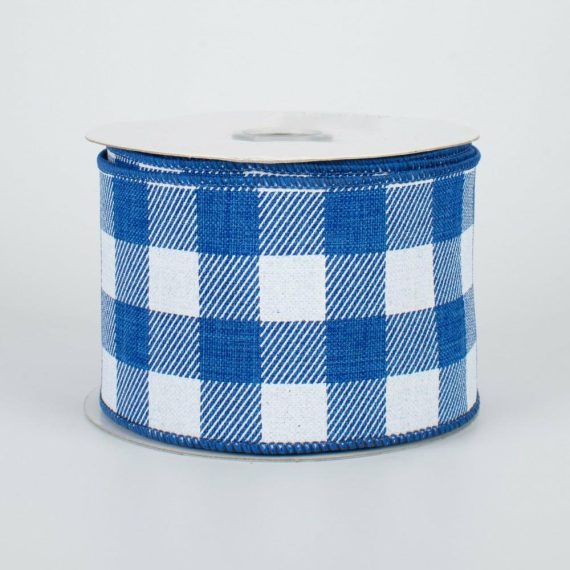 Fabric Ribbon |   2.5" Printed Plaid Check Ribbon: Royal Blue & White (10 Yards) Fabric Ribbon Blue,White