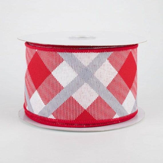 Fabric Ribbon |   2.5" Printed Plaid Ribbon: White, Red, Grey (10 Yards) Fabric Ribbon Fabric Ribbon