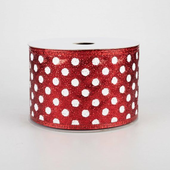 Fabric Ribbon |   2.5" Red Glitter Polka Dot Ribbon: White (10 Yards) Fabric Ribbon Fabric Ribbon