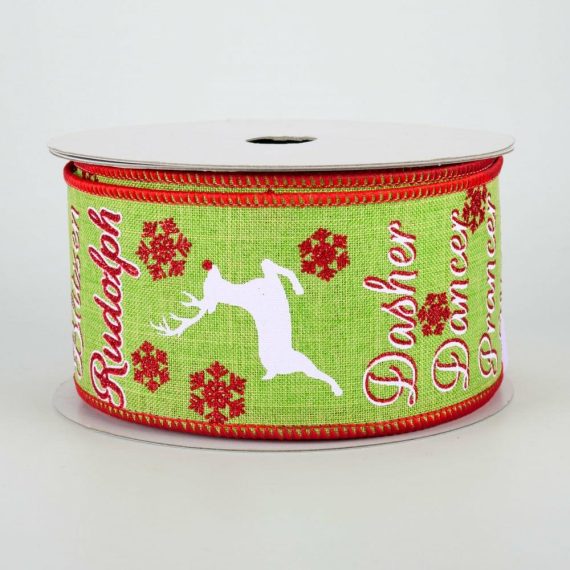 Fabric Ribbon |   2.5" Reindeer Names Ribbon: Lime (10 Yards) Fabric Ribbon Fabric Ribbon