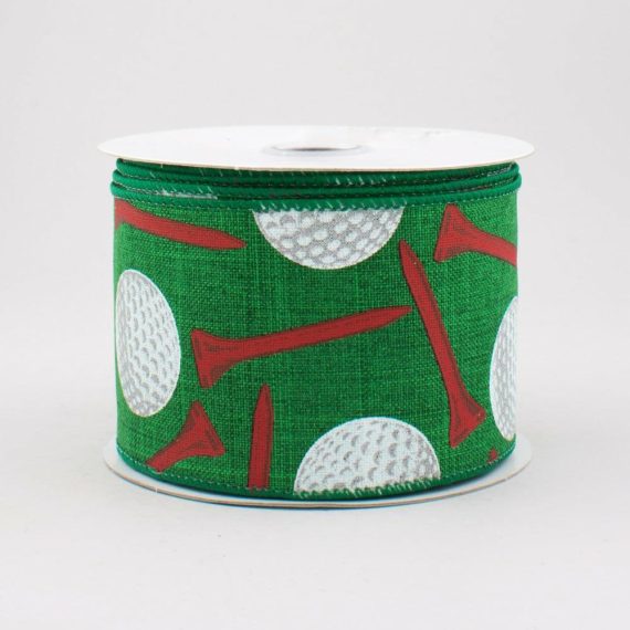 Fabric Ribbon |   2.5" Royal Canvas Golf Balls & Tee Ribbon: Emerald Green (10 Yards) Fabric Ribbon Emerald Green