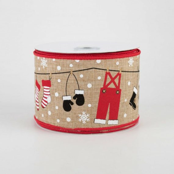 Fabric Ribbon |   2.5" Santa Clothesline Ribbon: Light Beige (10 Yards) Fabric Ribbon Beige,Red,Black