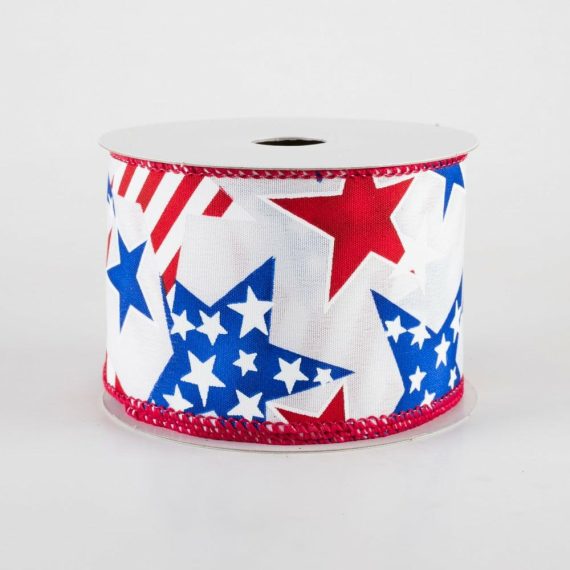 Fabric Ribbon |   2.5" Satin Stripe Rwb Stars Ribbon: White (10 Yards) Fabric Ribbon Fabric Ribbon