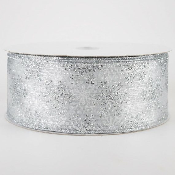 Fabric Ribbon |   2.5" Sheer Metallic Snowflake Ribbon: Silver (50 Yards) Fabric Ribbon Fabric Ribbon