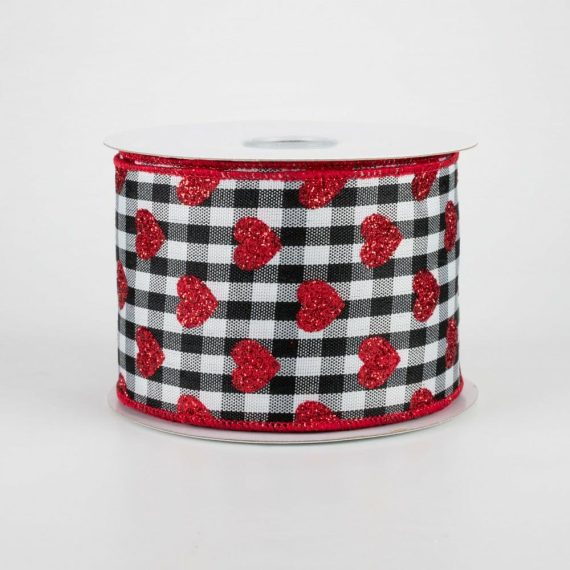 Fabric Ribbon |   2.5" Small Glitter Hearts Check Ribbon: Black (10 Yards) Fabric Ribbon Black,White,Red