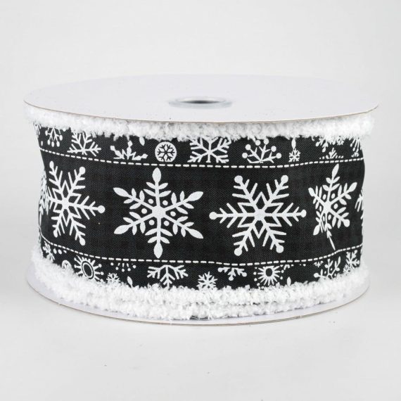 Fabric Ribbon |   2.5" Snowflake Fuzzy Edge Ribbon: Black & White (10 Yards) Fabric Ribbon Black,White