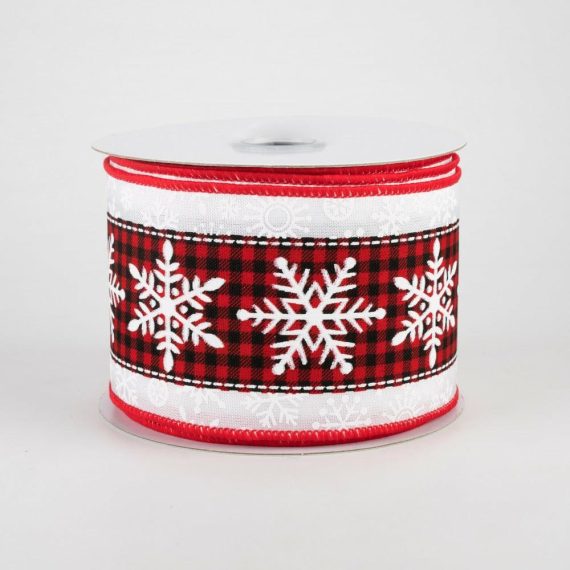 Fabric Ribbon |   2.5" Snowflake On Check Center Ribbon: Red, Black, White (10 Yards) Fabric Ribbon Fabric Ribbon